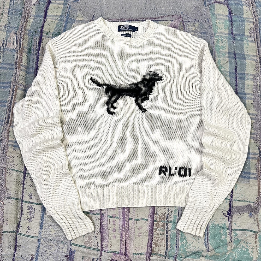VTG Polo Ralph Lauren Hand Knit Dog RL01 2001 Linen Blend Graphic Large Ivory